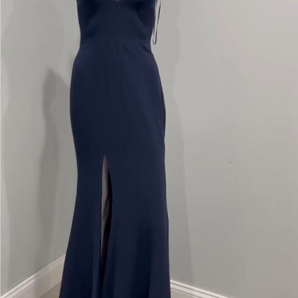 DRESS THE POPULATION Iris V-Neck Side Slit Gown size XL midnight blue - Picture 6 of 11